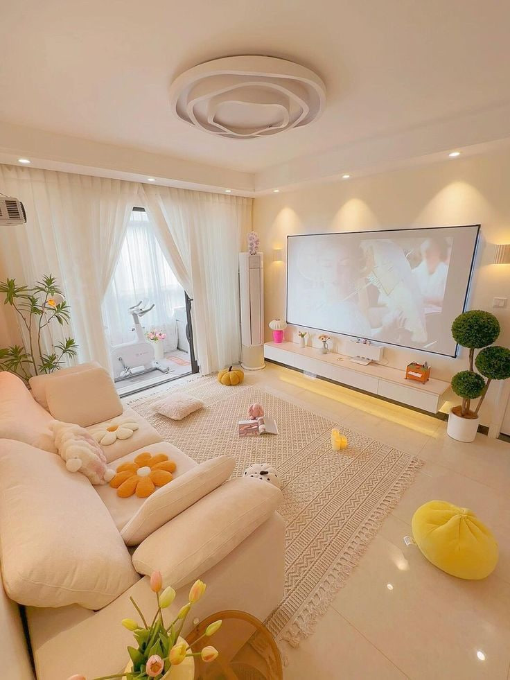 Interior ruang tamu gaya Korean Style dengan pencahayaan alami dan warna pastel