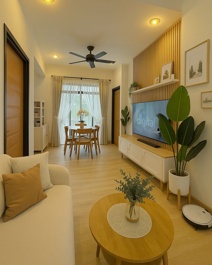 Furnitur kayu berpadu warna earth tone dekorasi natural di ruang keluarga