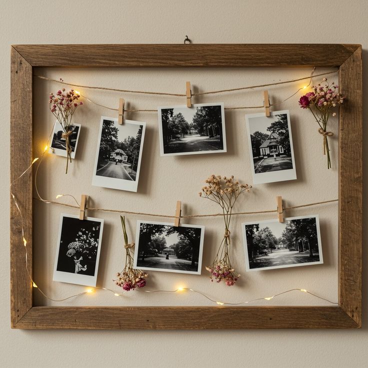 Hiasan dinding foto DIY menggunakan klip kayu dan tali rami