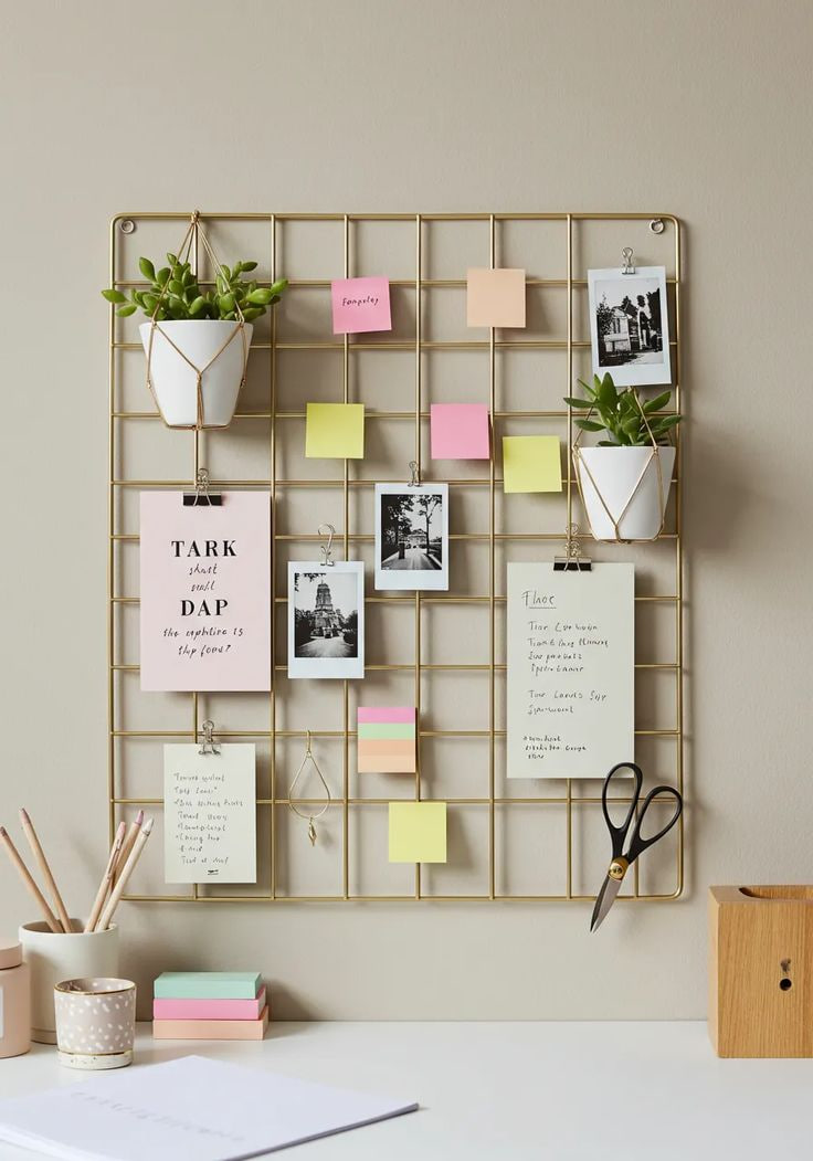 Wall grid DIY organizer dari kawat bekas yang tergantung di dinding